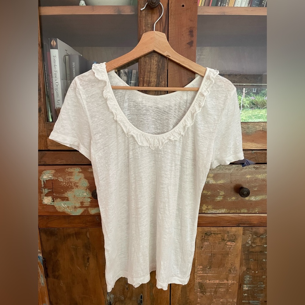 Des Petits Hauts French White Knit Linen Ruffle Tee